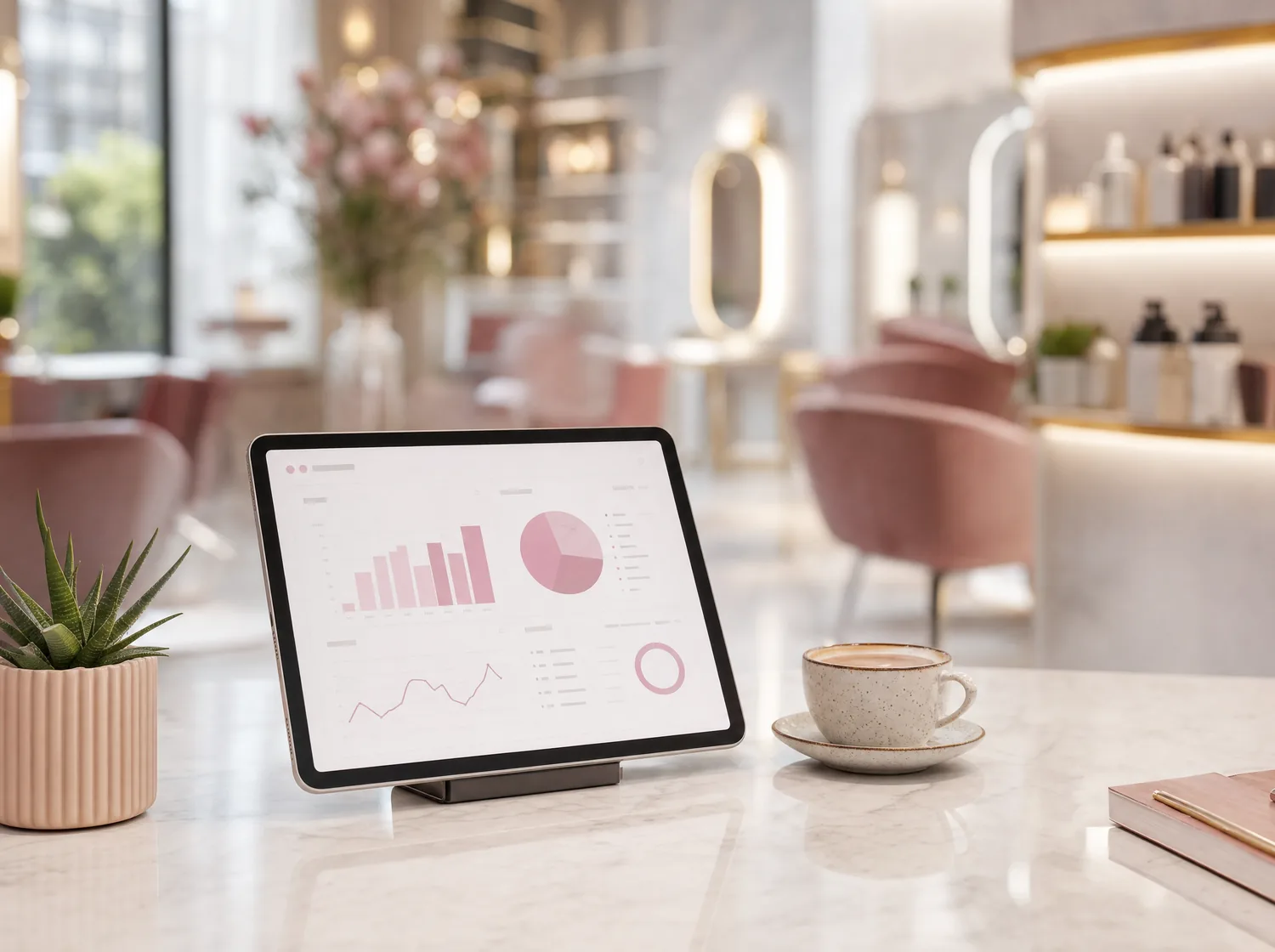 Salon masasında reklam performansını gösteren tablet paneli