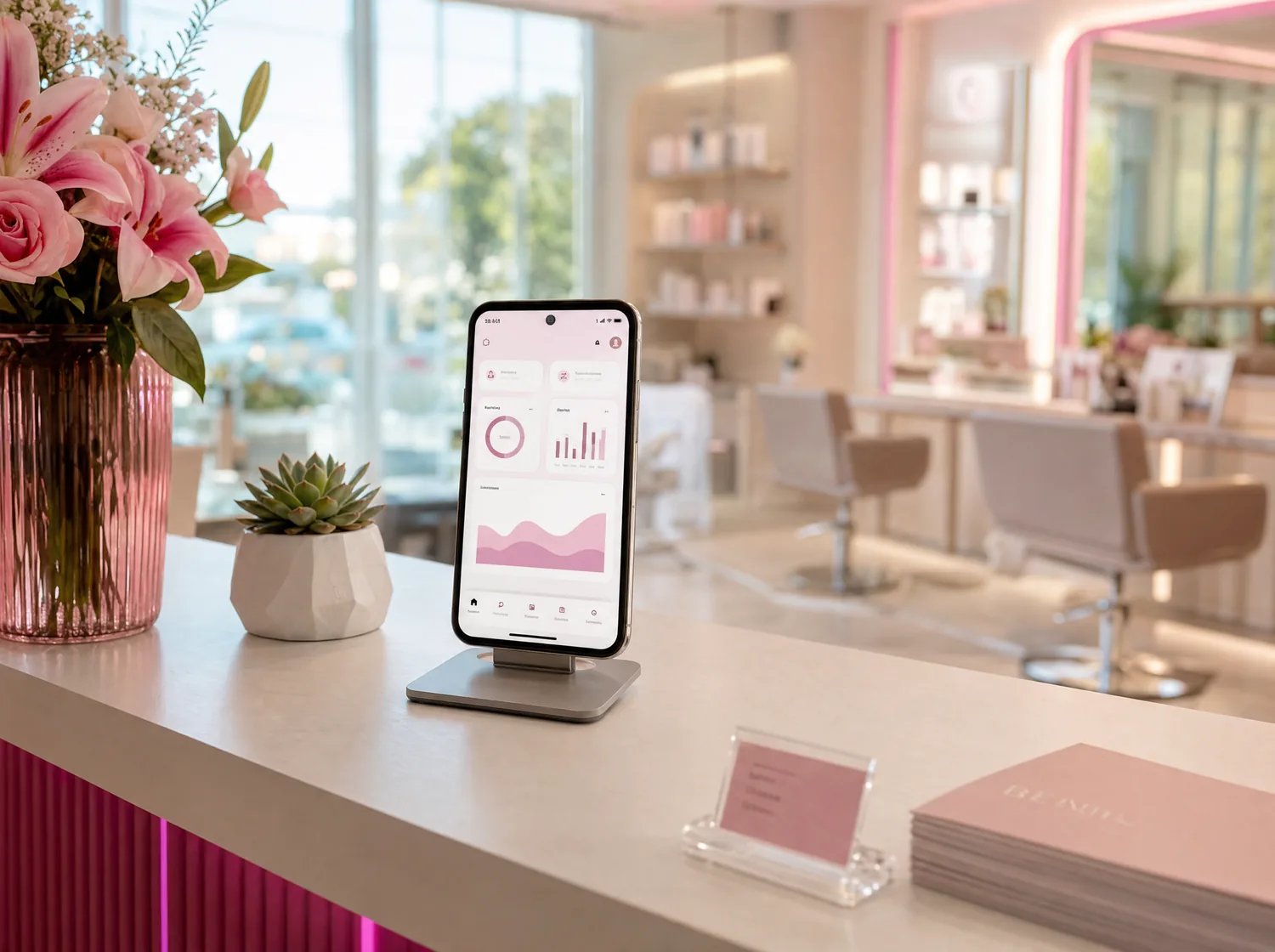 Salon resepsiyonunda Salonomi panelini gösteren telefon